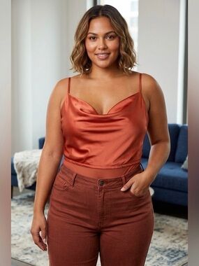 NWT Forever 21+ Satin Cowl Neck Thong Bodysuit - Watermelon 2X